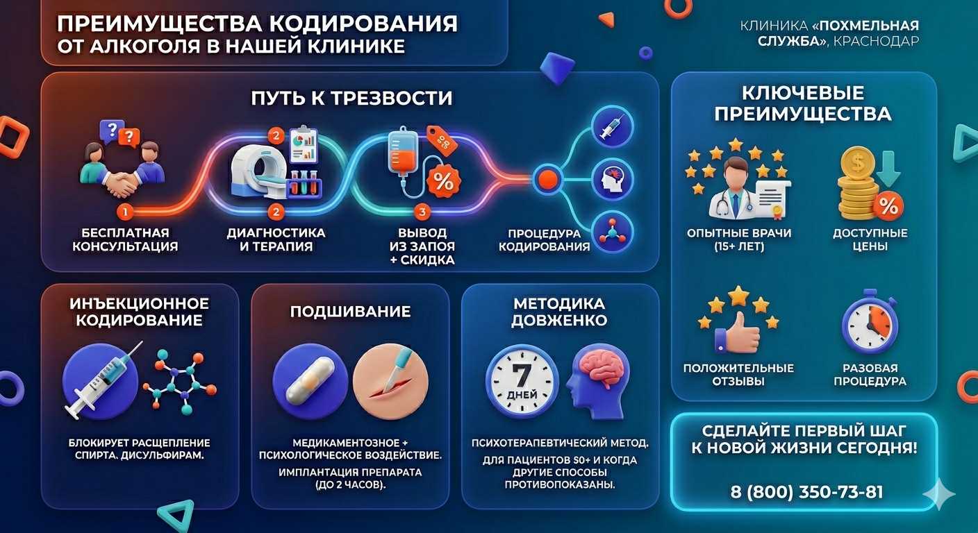 Инфографика о методах кодирования от алкоголя в Кемерово: инъекции, подшивание, метод Довженко. Преимущества клиники и этапы лечения.