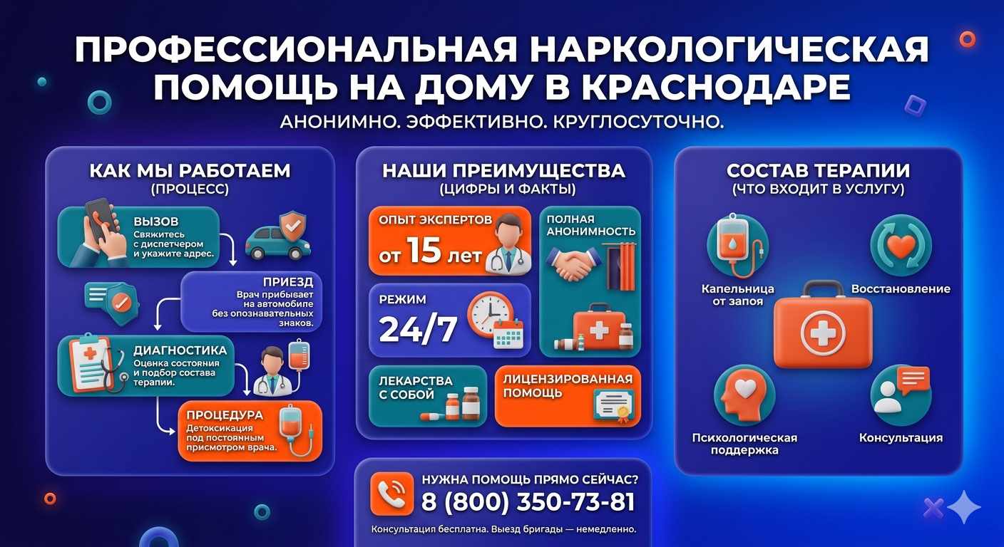 Инфографика о принципах лечения алкоголизма на дому в Кемерово: этапы вызова нарколога, преимущества анонимной детоксикации и состав медицинской помощи.